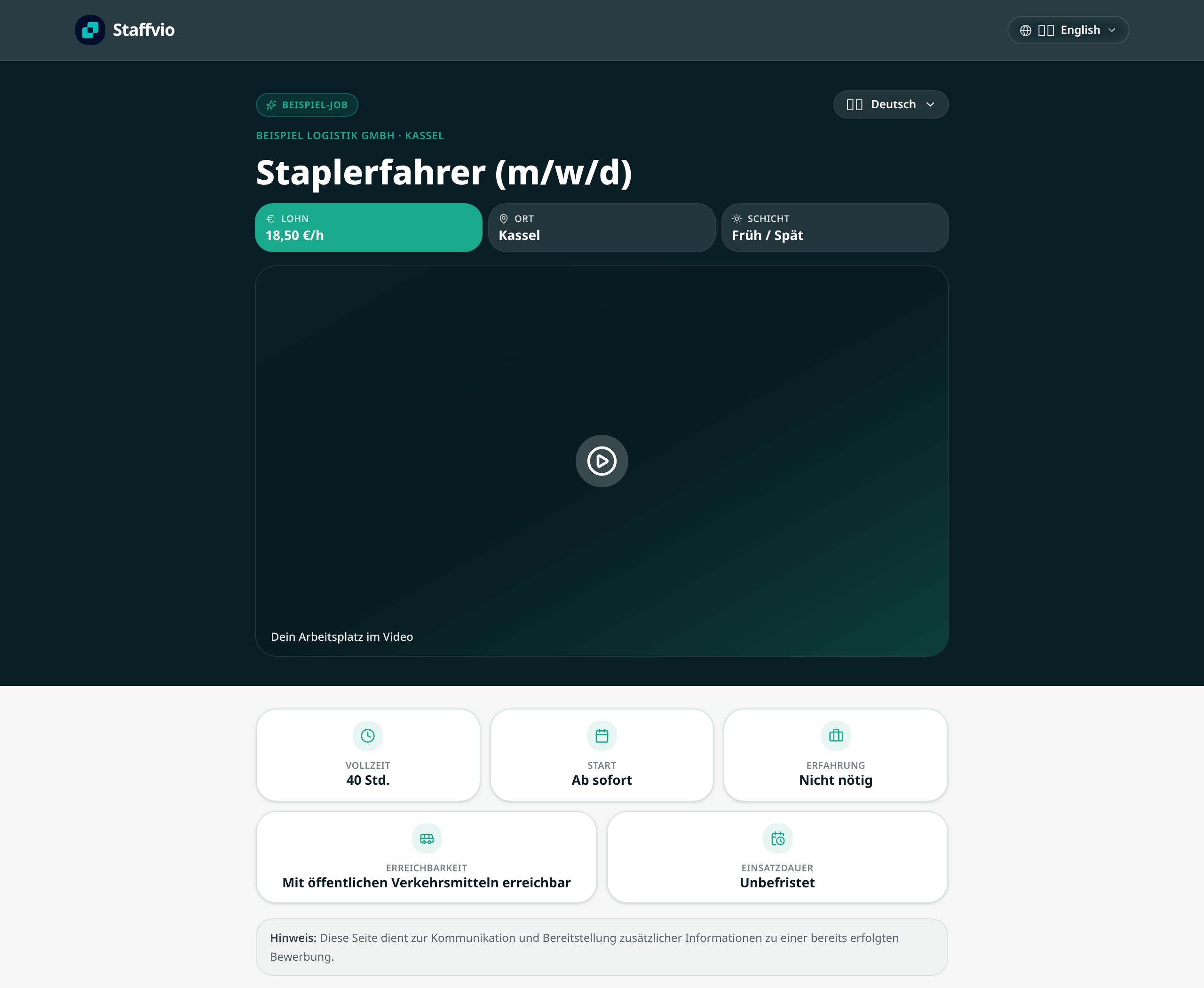 Beispiel einer Staffvio-Jobseite mit Video, Lohn, Ort, Schicht und Erreichbarkeit